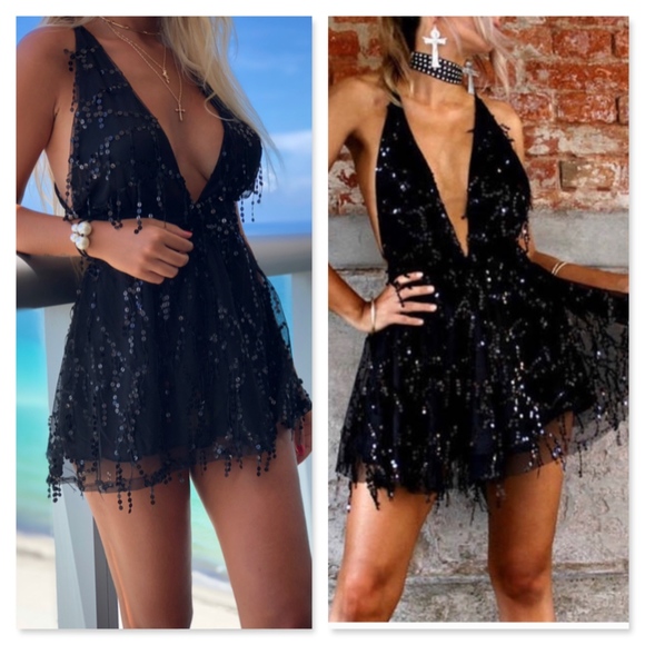 Plunging V Black Sequin Fringe Backless Mini Dress - Picture 8 of 8